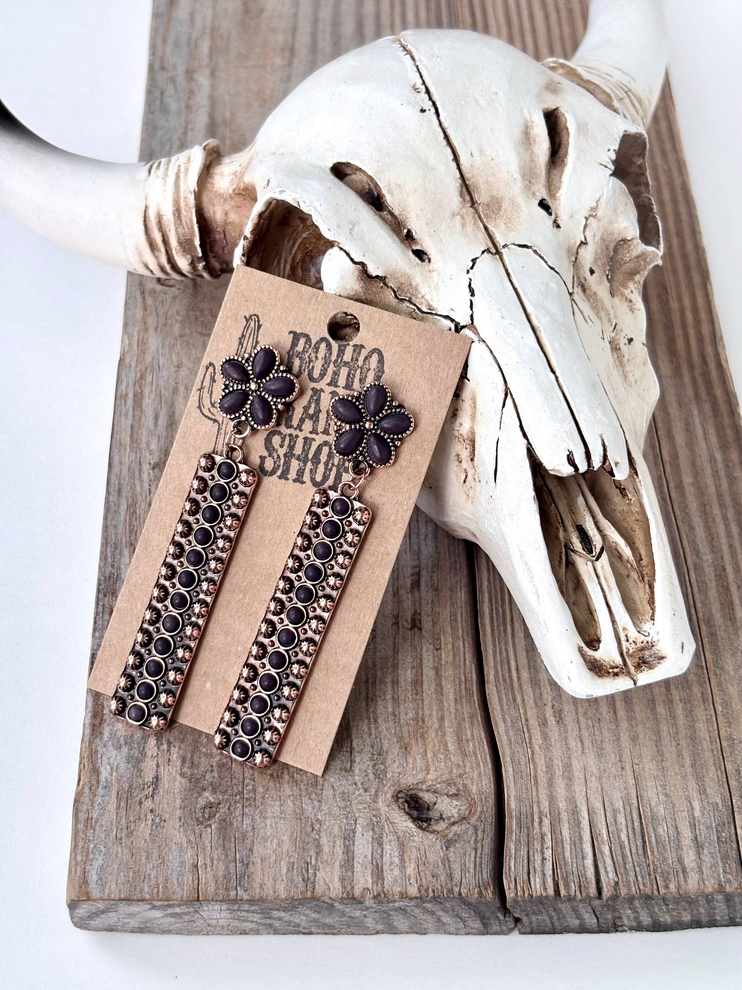 Western Turquoise Stone Flower & Bar Post Drop Earrings