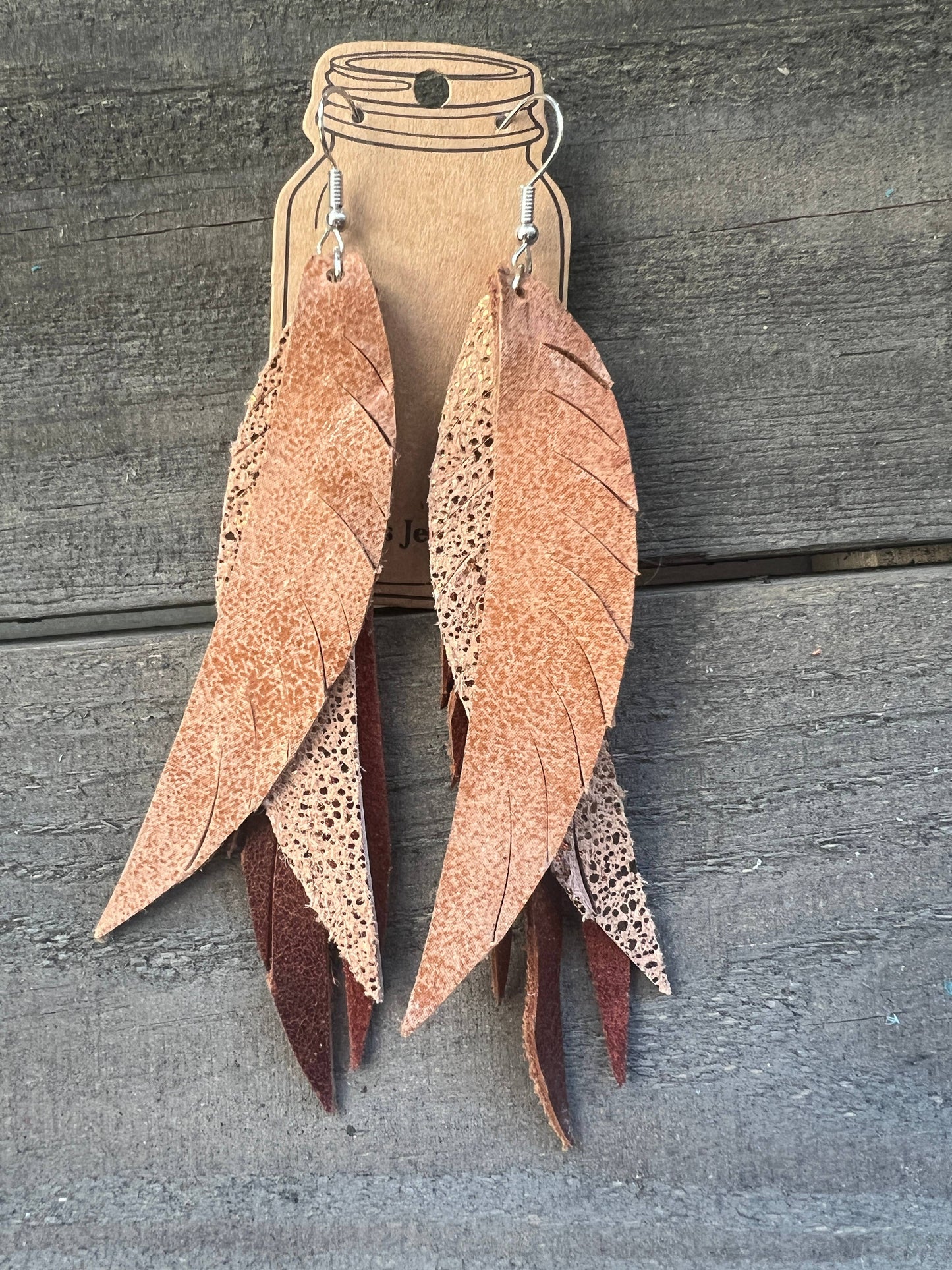 Brown Sparkle Western Fringe Feather Leather Earring