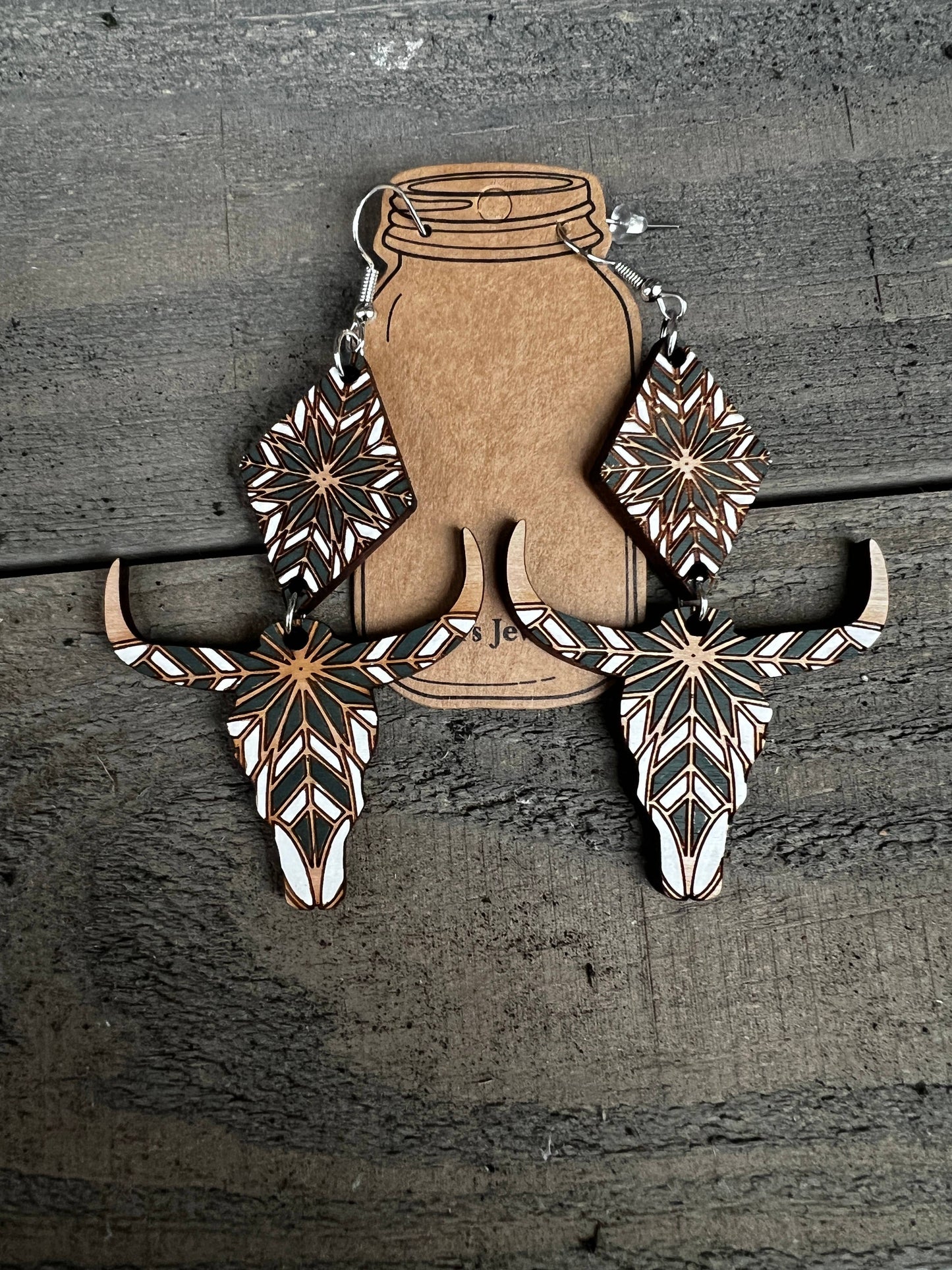 Diamond Cow Skull Western Wood Cutout Earrings