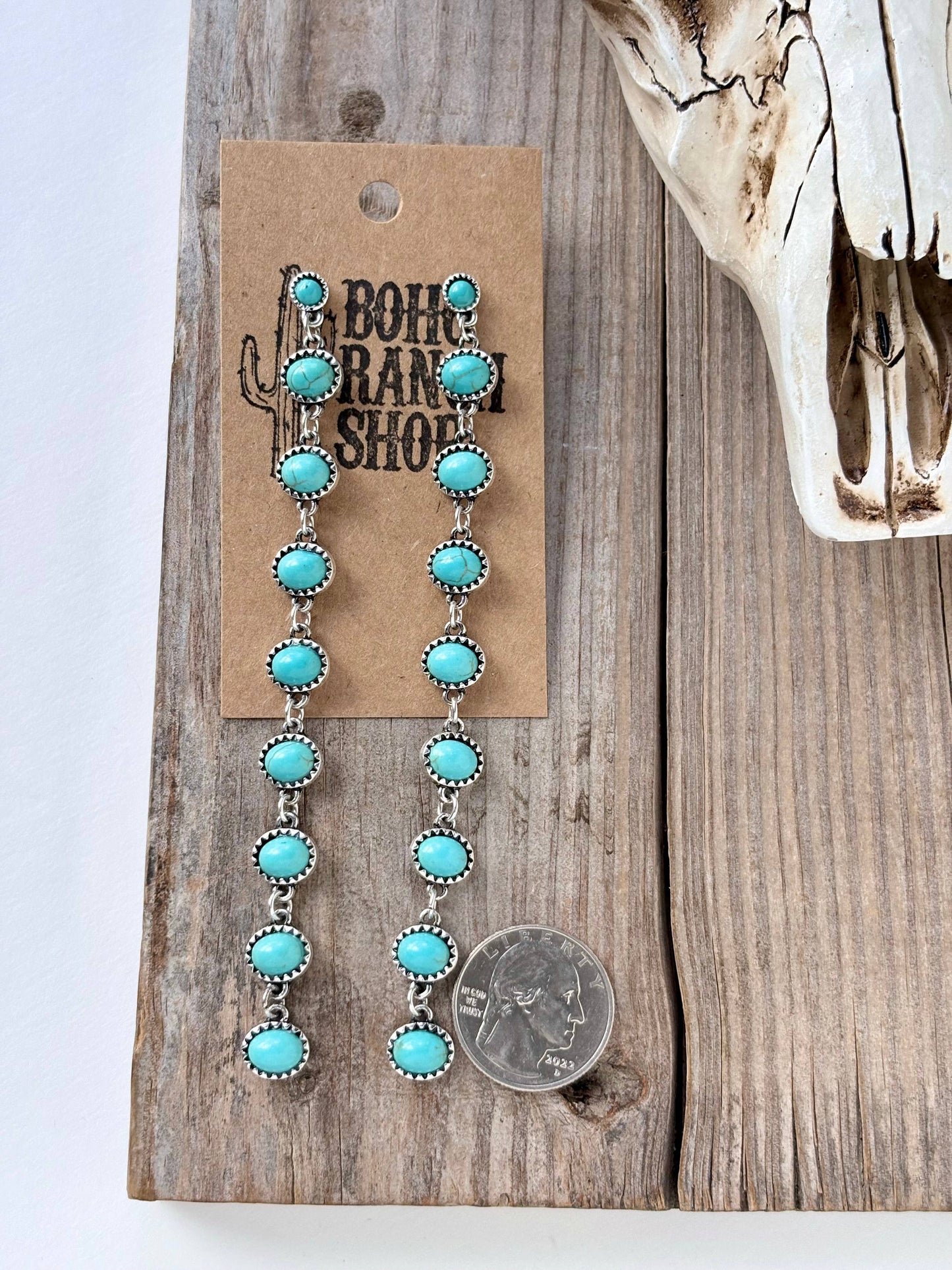 Western Style Linked Turquoise Stone Post Long Drop Earrings