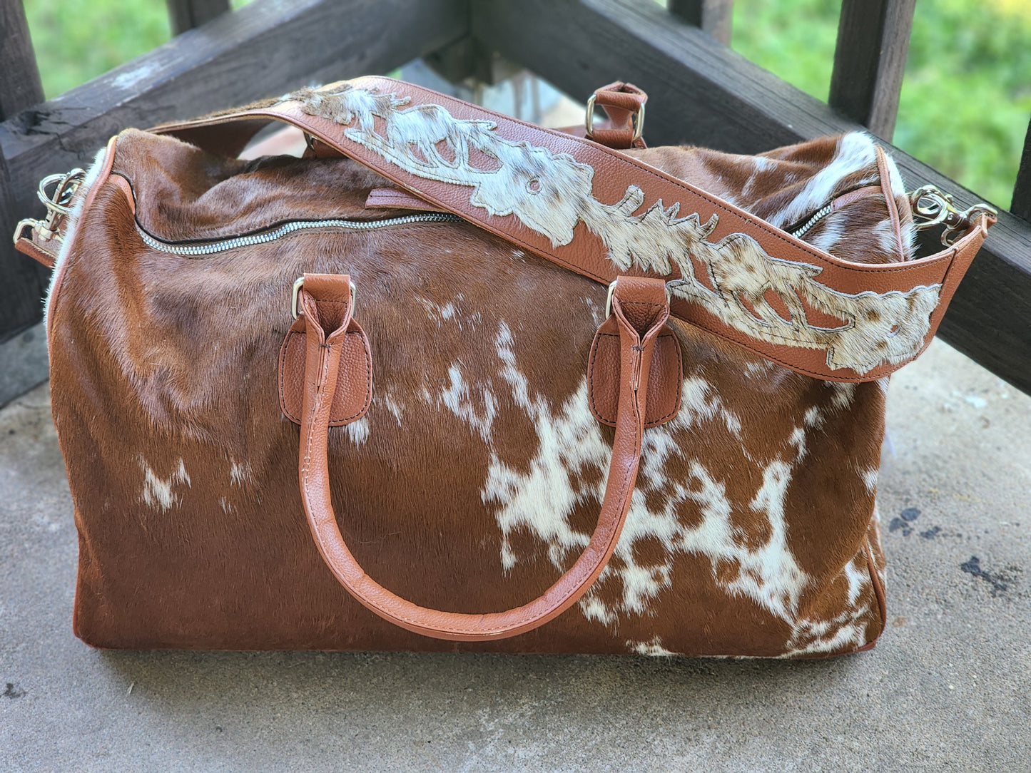 Classic Cowhide Duffle Bag (Brown & White)
