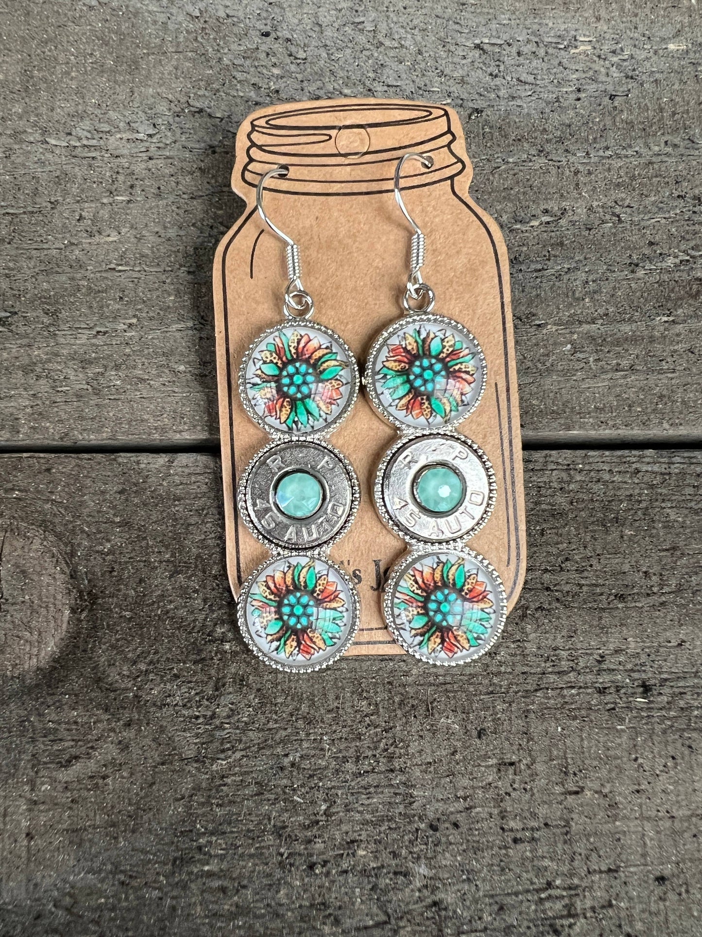 Western Daisy Triple Turquoise 45 Auto Bullet Earrings