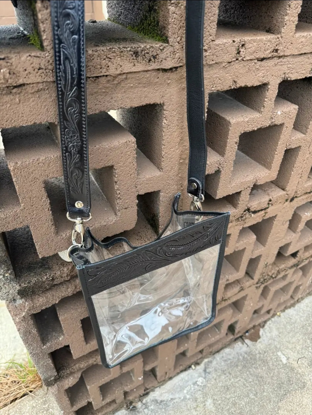 Black Tooled Clear Stadium Bag Purse