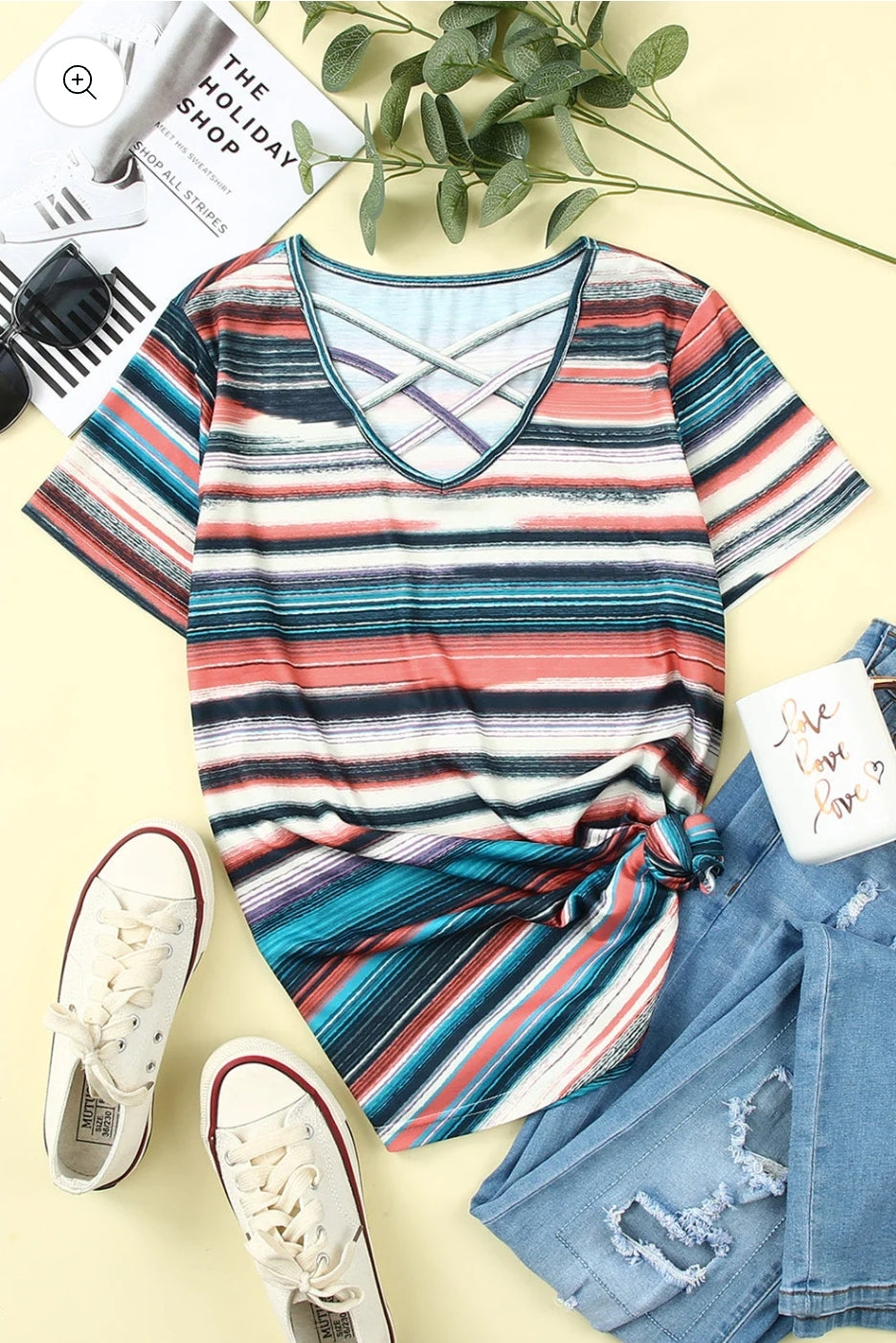 Multi Striped V-Neck Loose Top