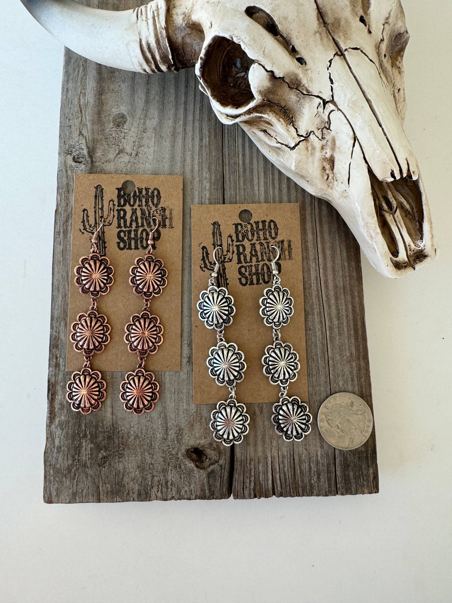 3 Tier Western Concho Drop Dangle Earrings