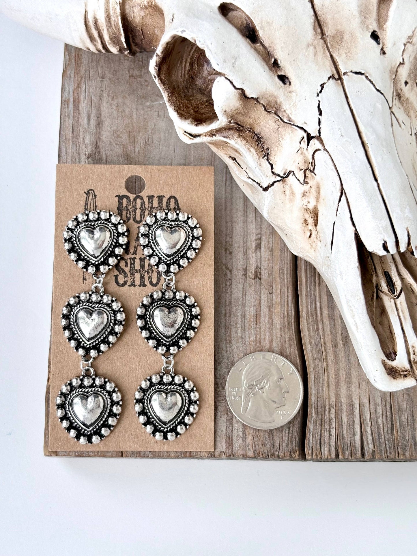 3 Tier Studded Heart Concho Post Drop Earrings