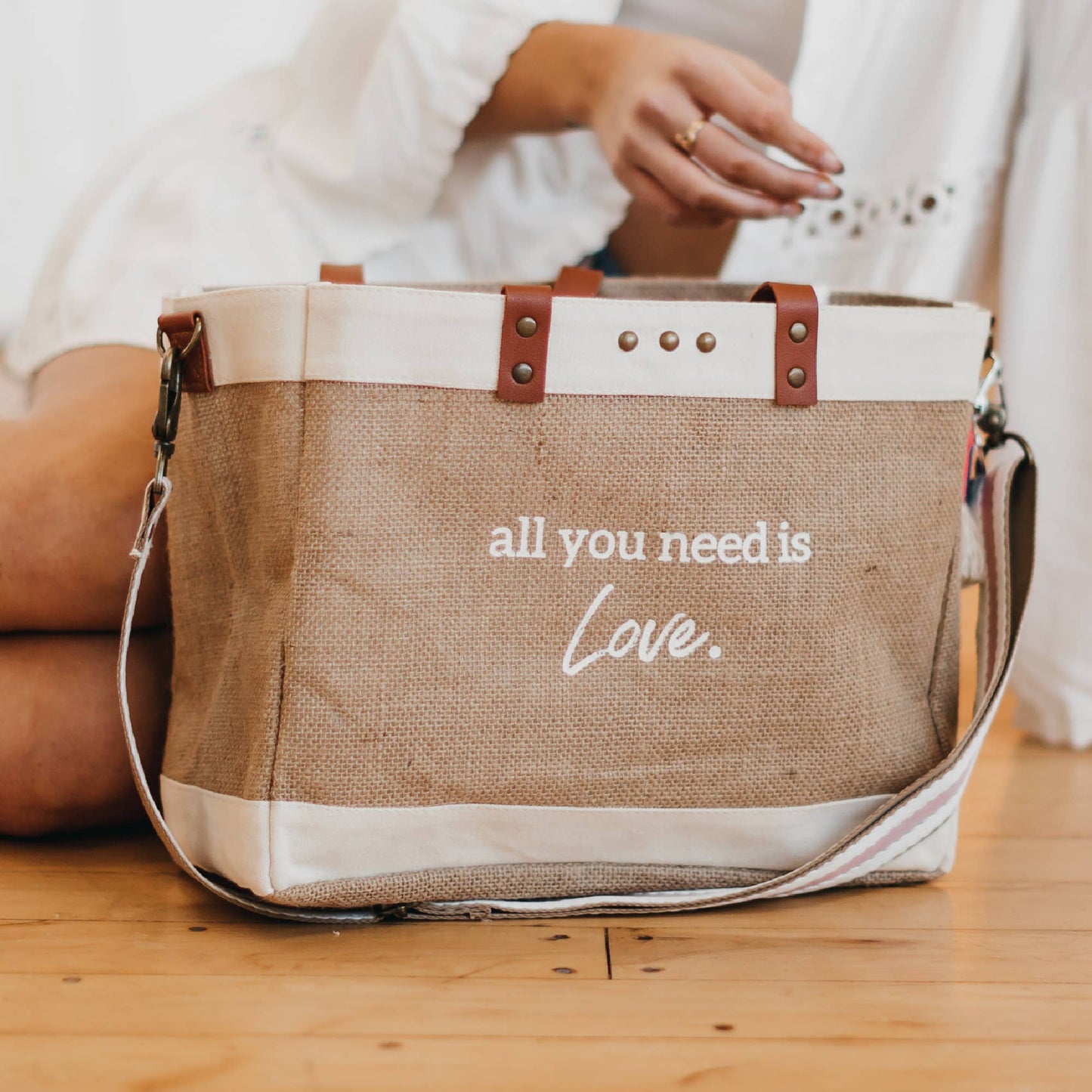 All You Need Is Love Jute Crossbody Tote