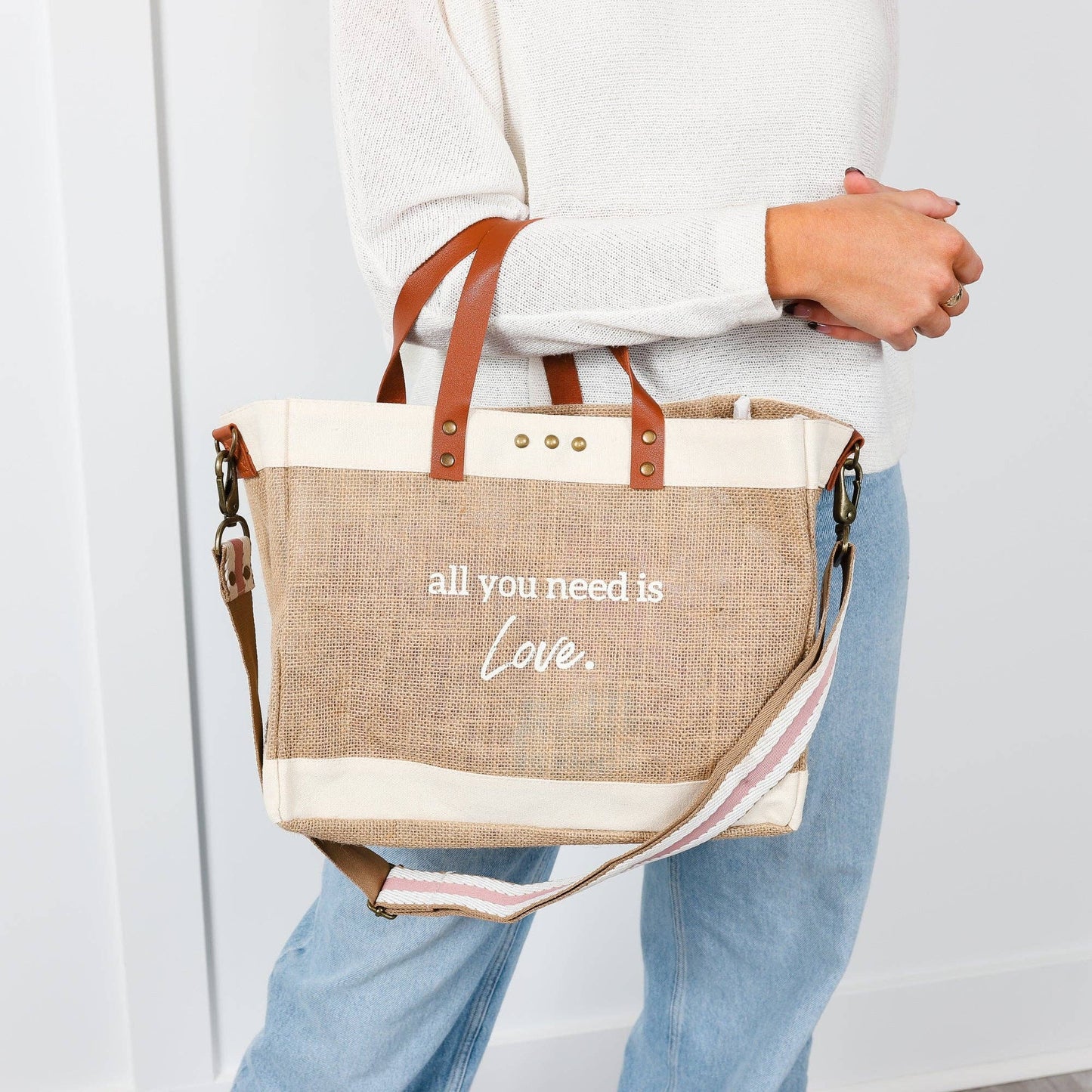 All You Need Is Love Jute Crossbody Tote