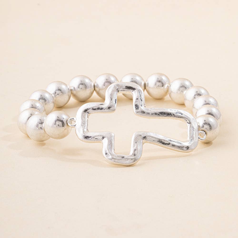 Hammered Open Cross Ball Bead Stretch Bracelet