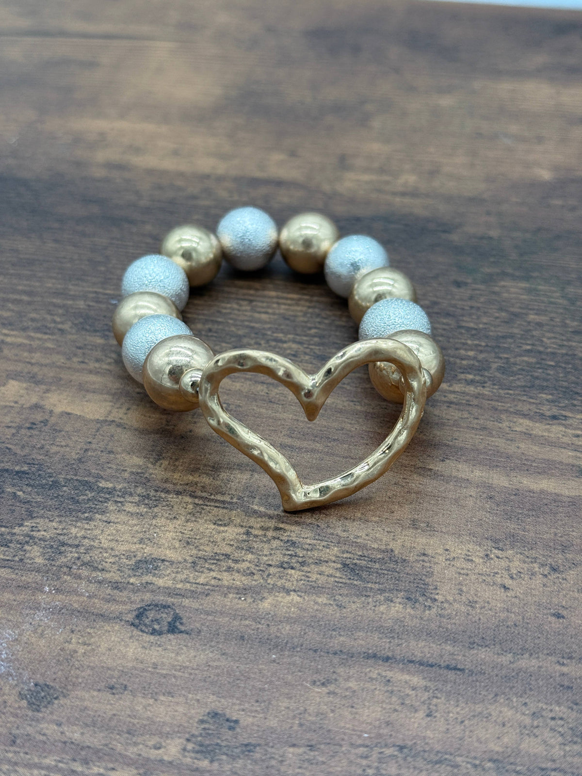 Hammered Heart Chunky Two-tone Beaded Bracelet
