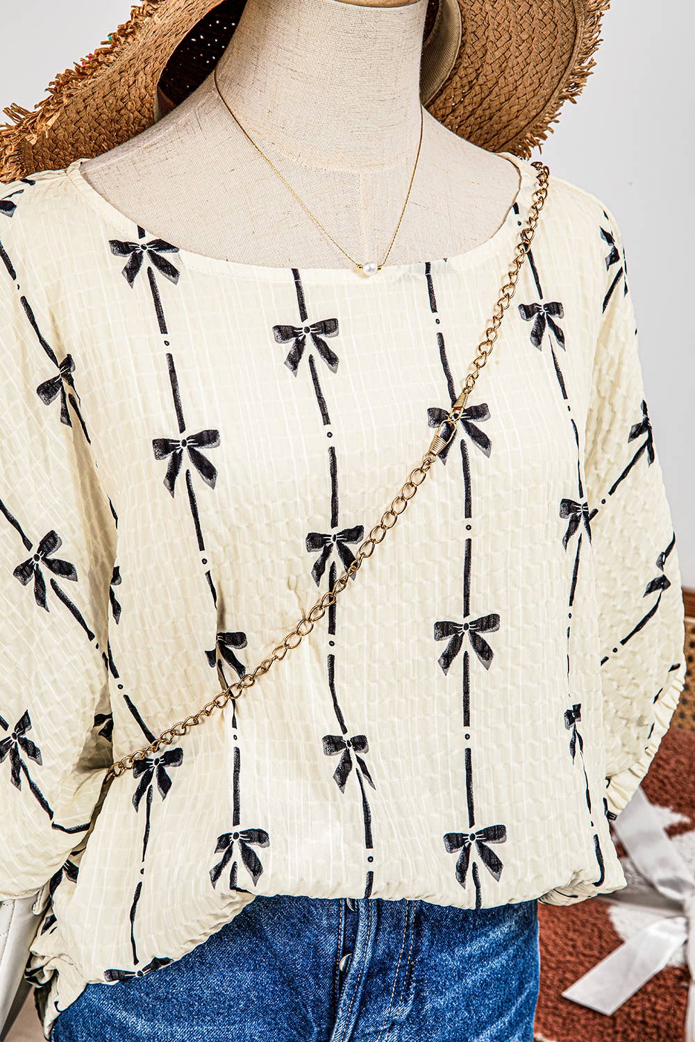 Spring&Summer Fashion-W Bow Print Puff Short Sleeve Top