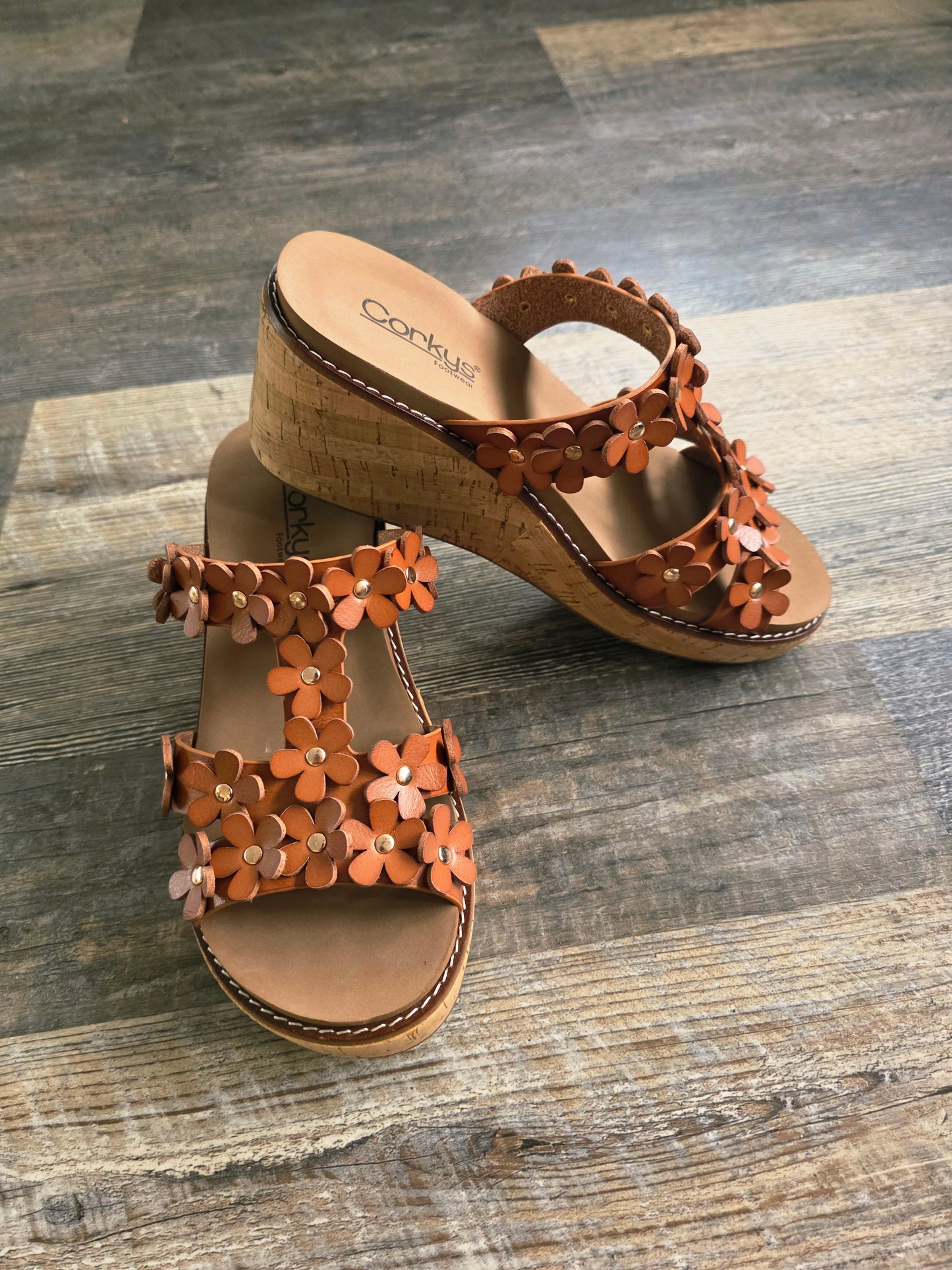 Cognac Mic Drop Corkys Wedge Sandals