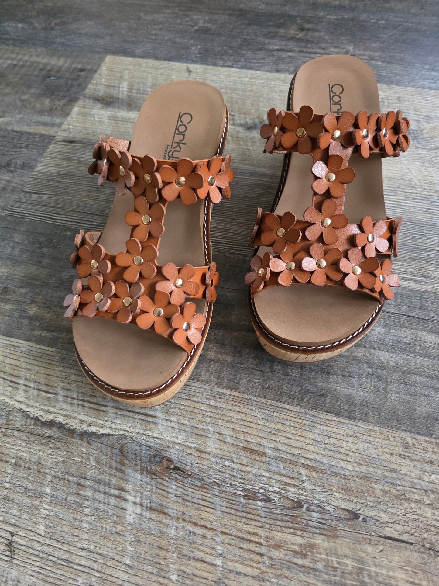 Cognac Mic Drop Corkys Wedge Sandals