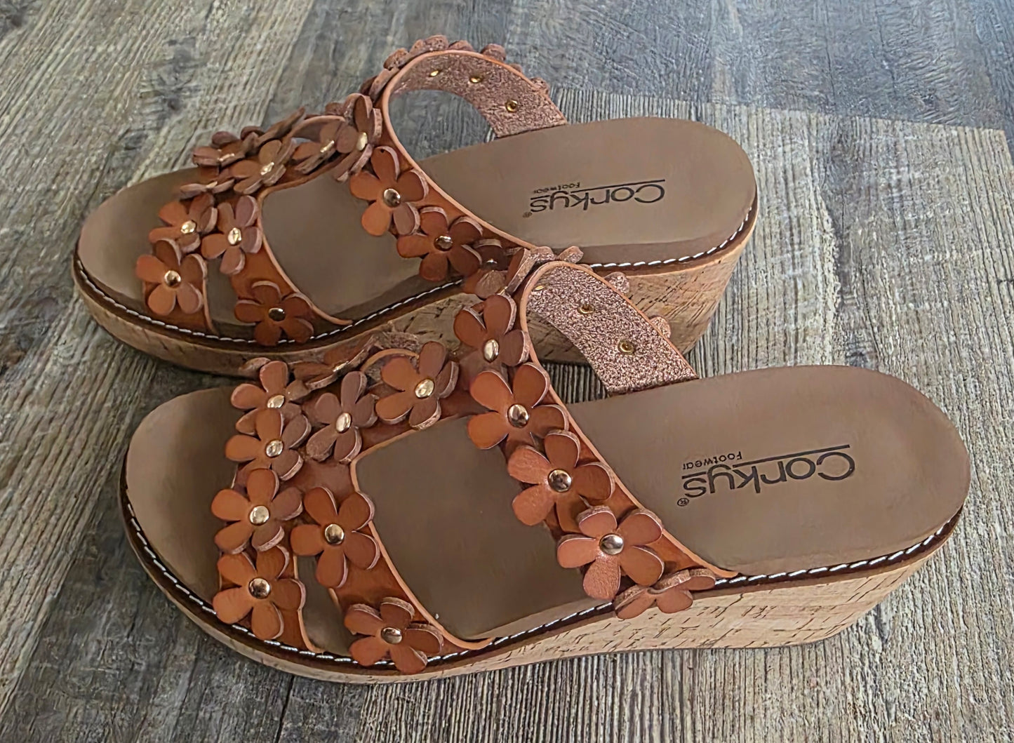 Cognac Mic Drop Corkys Wedge Sandals