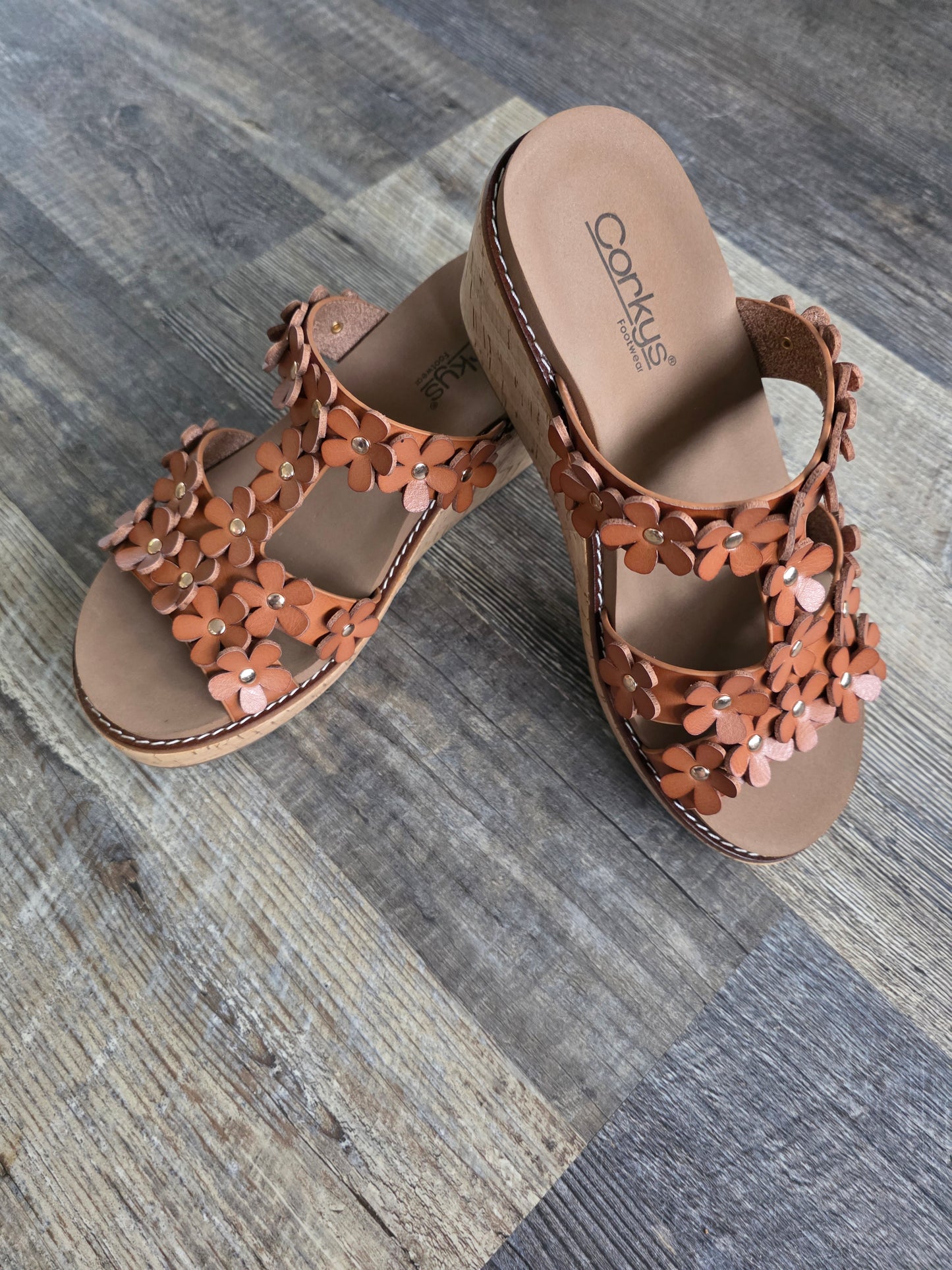 Cognac Mic Drop Corkys Wedge Sandals