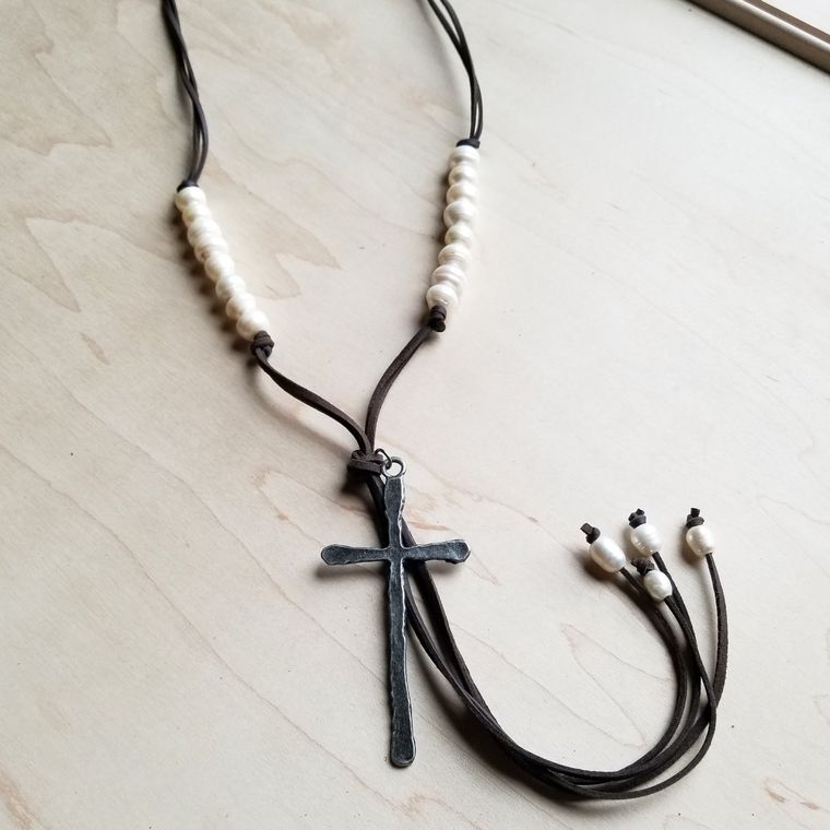 Leather & Pearl Boho Cross Necklace