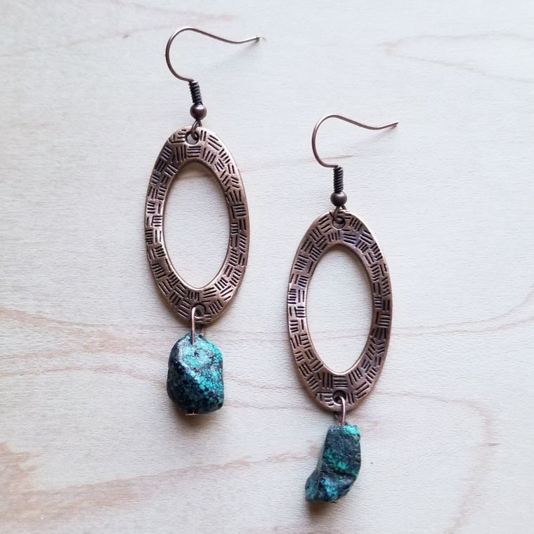 Turquoise Bead Hammered Copper Earrings