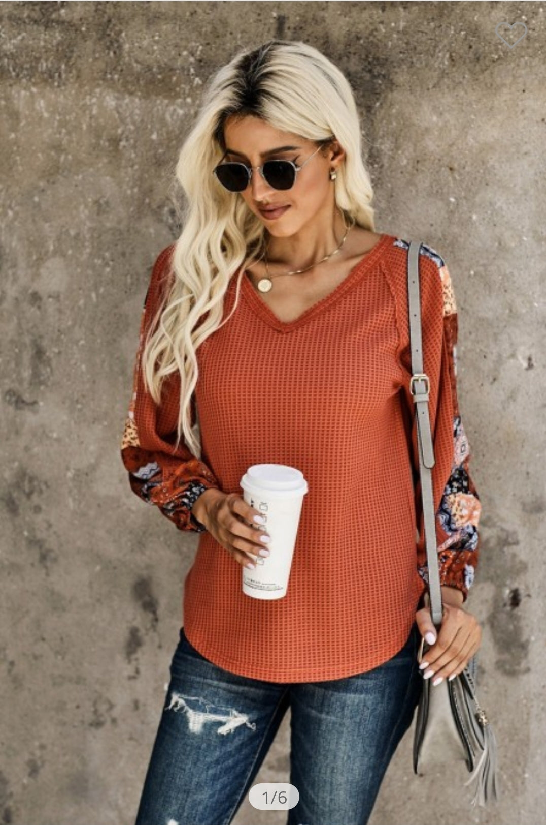 Orange Waffle Patch Sleeve Top