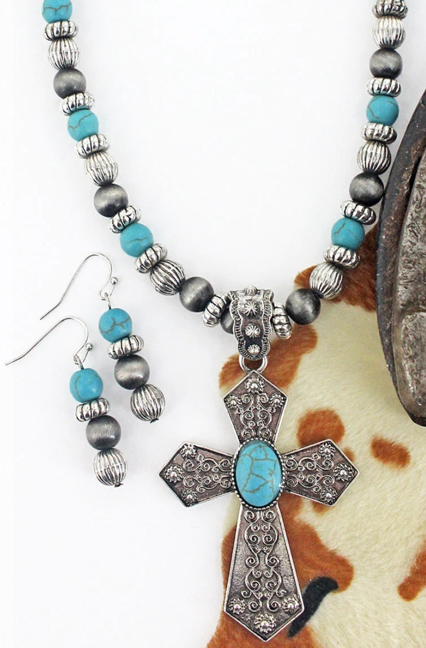 Turquoise Cross Necklace & Earring Set