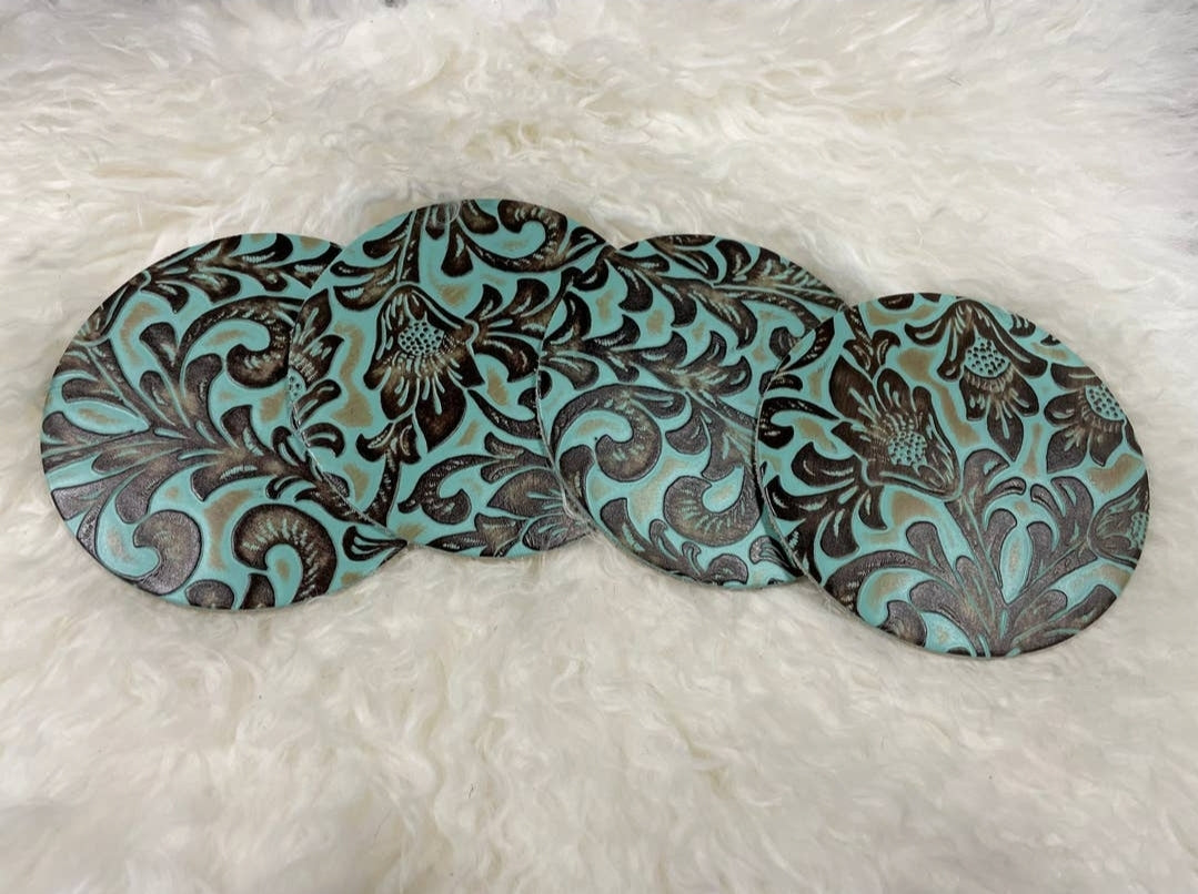 Turquoise Embossed Leather Coasters
