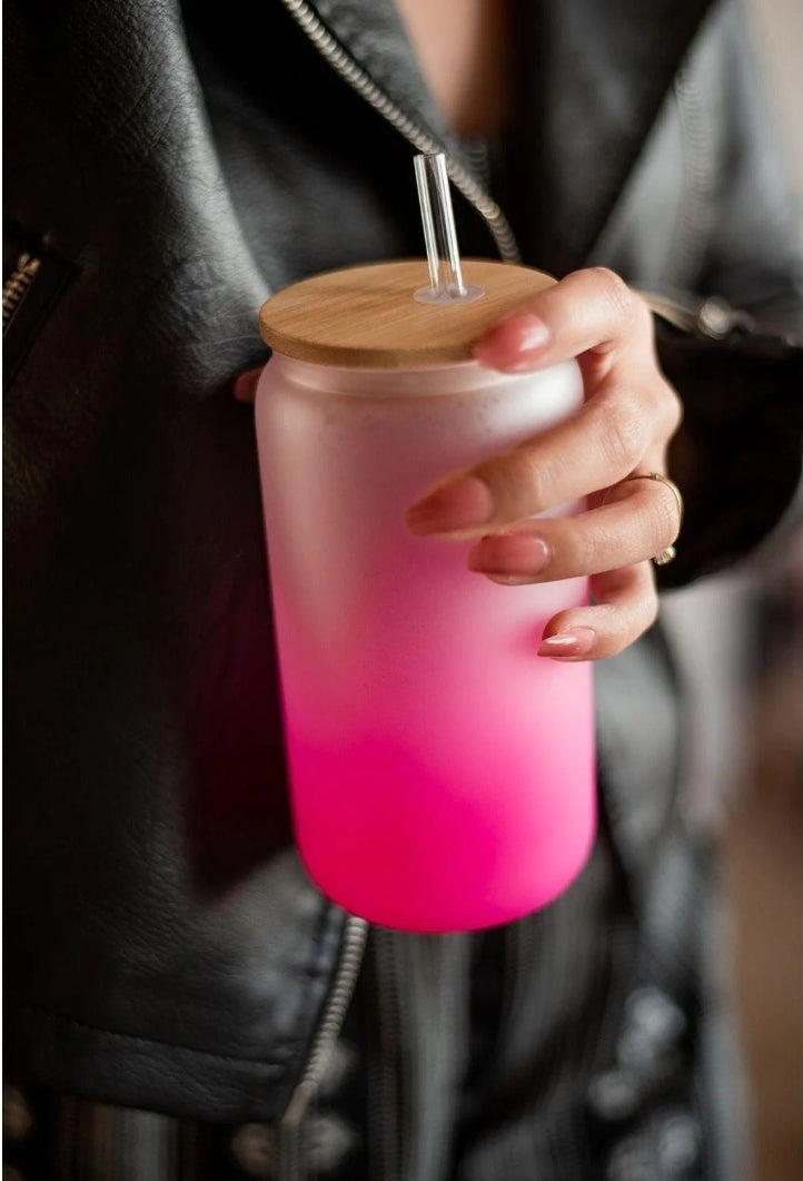 16 oz Frosted Glass Tumbler Cup with Bamboo Lid