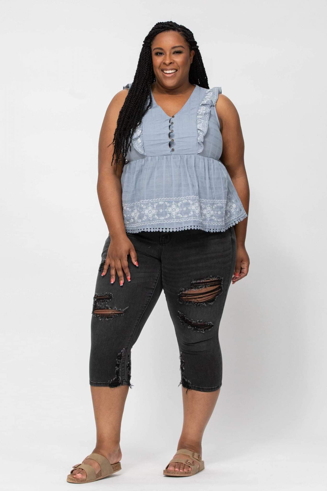 Judy Blue High Rise Black Distressed Capri
