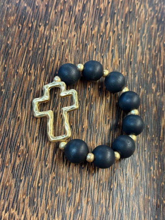 Gold Hammered Cross Pendant Chunky Beaded Bracelet