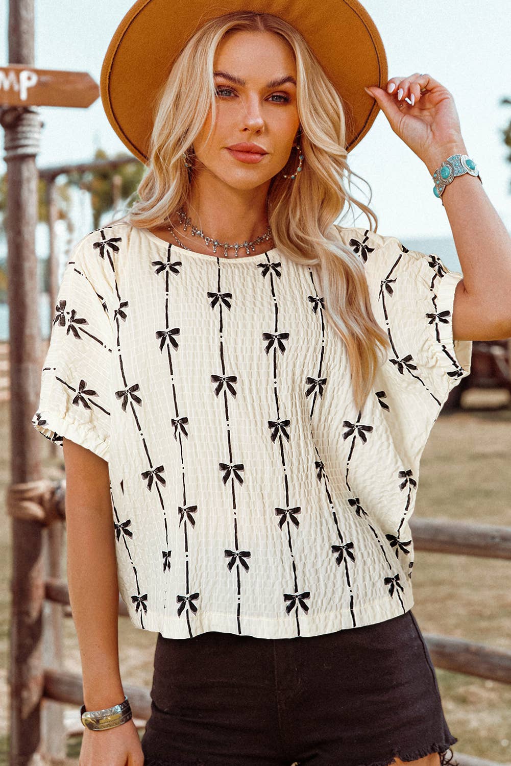 Spring&Summer Fashion-W Bow Print Puff Short Sleeve Top