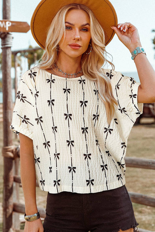 Spring&Summer Fashion-W Bow Print Puff Short Sleeve Top