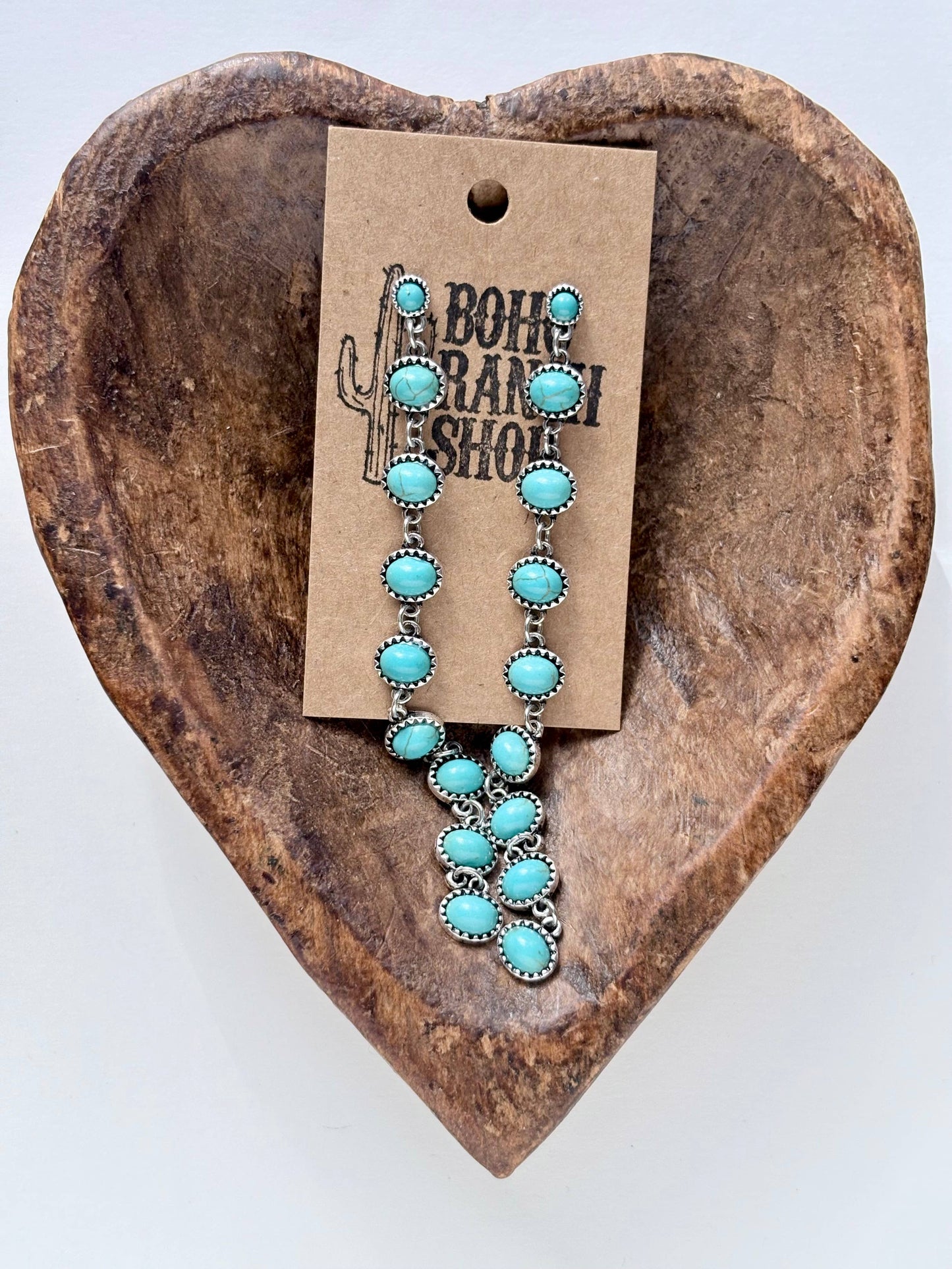 Western Style Linked Turquoise Stone Post Long Drop Earrings