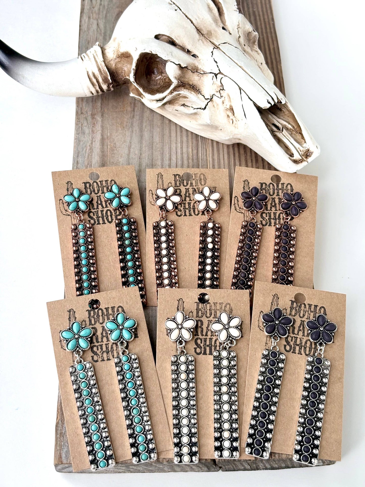 Western Turquoise Stone Flower & Bar Post Drop Earrings