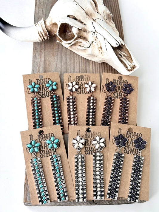 Western Turquoise Stone Flower & Bar Post Drop Earrings