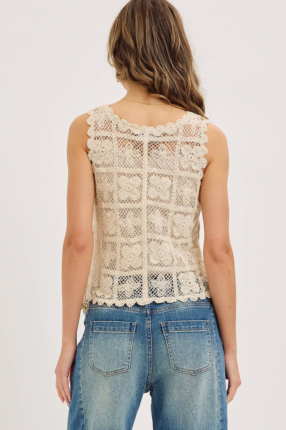 BOHEMIAN FEEL FLORAL PATTERN CROCHET LACE  TANK TOP