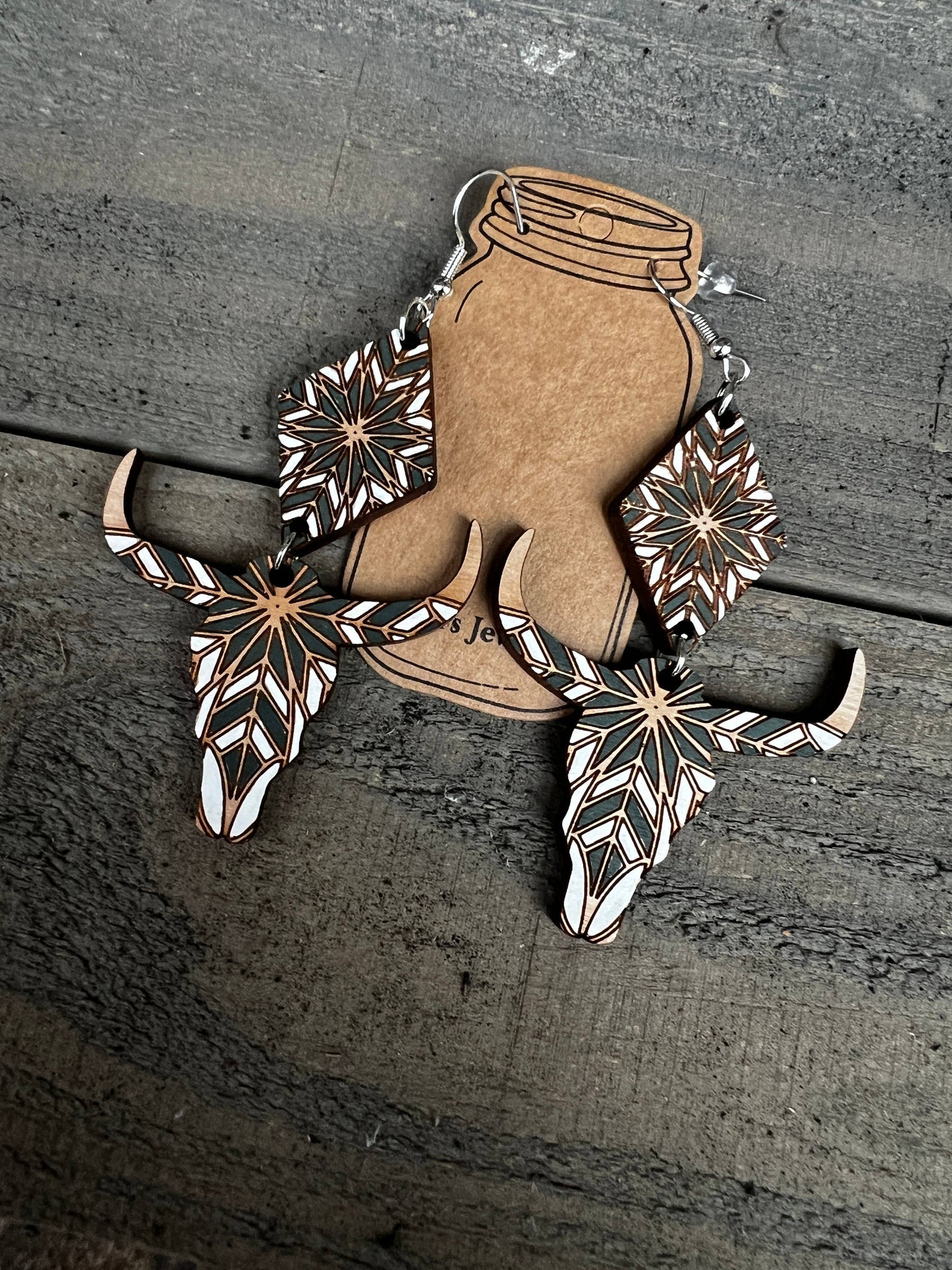 Diamond Cow Skull Western Wood Cutout Earrings