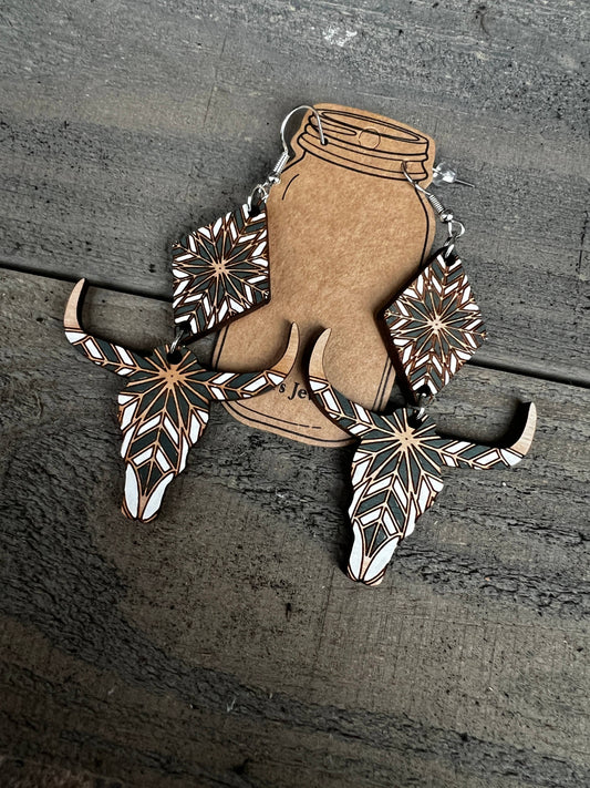 Diamond Cow Skull Western Wood Cutout Earrings