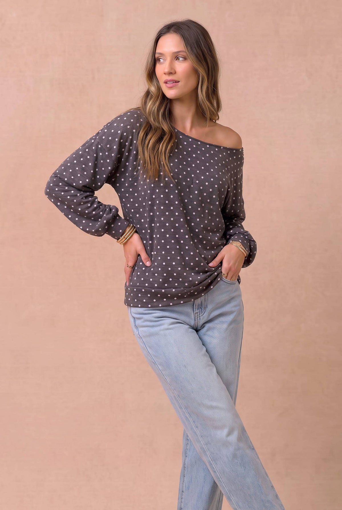 Polka Dot Off-Shoulder Loose Knit Top