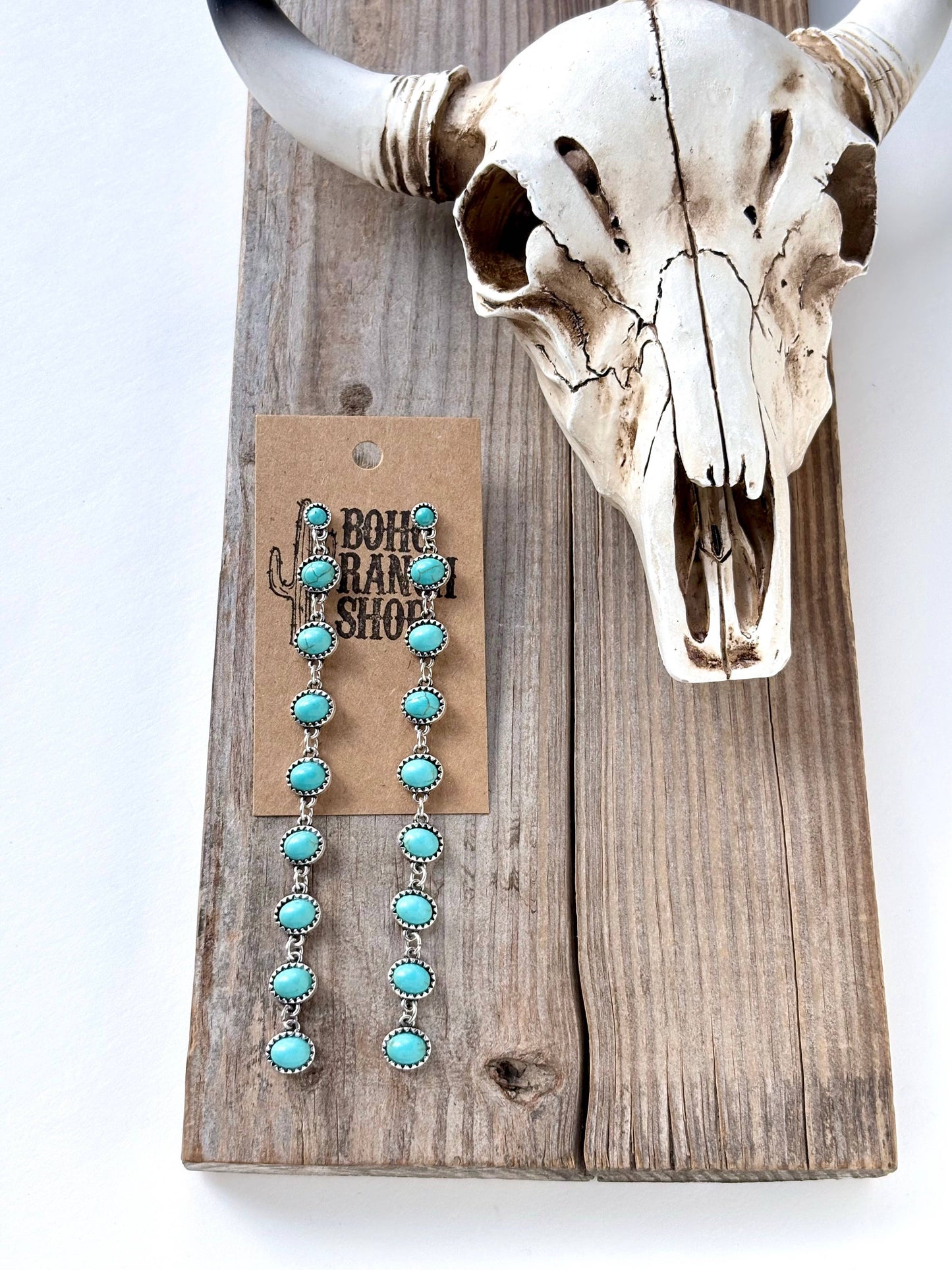 Western Style Linked Turquoise Stone Post Long Drop Earrings