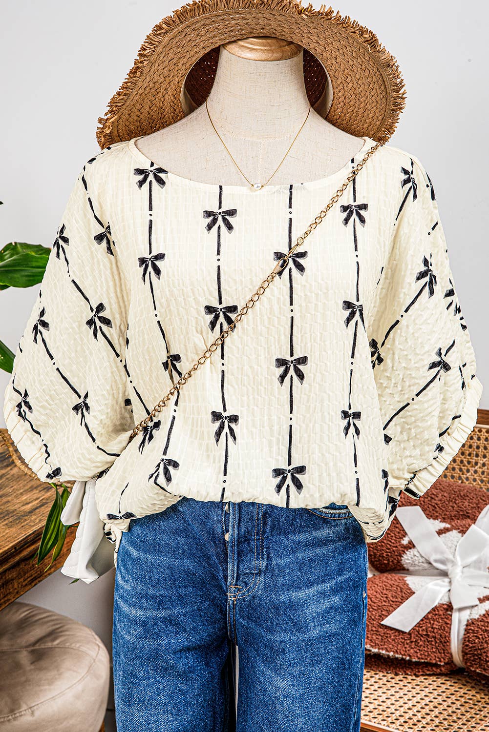Spring&Summer Fashion-W Bow Print Puff Short Sleeve Top