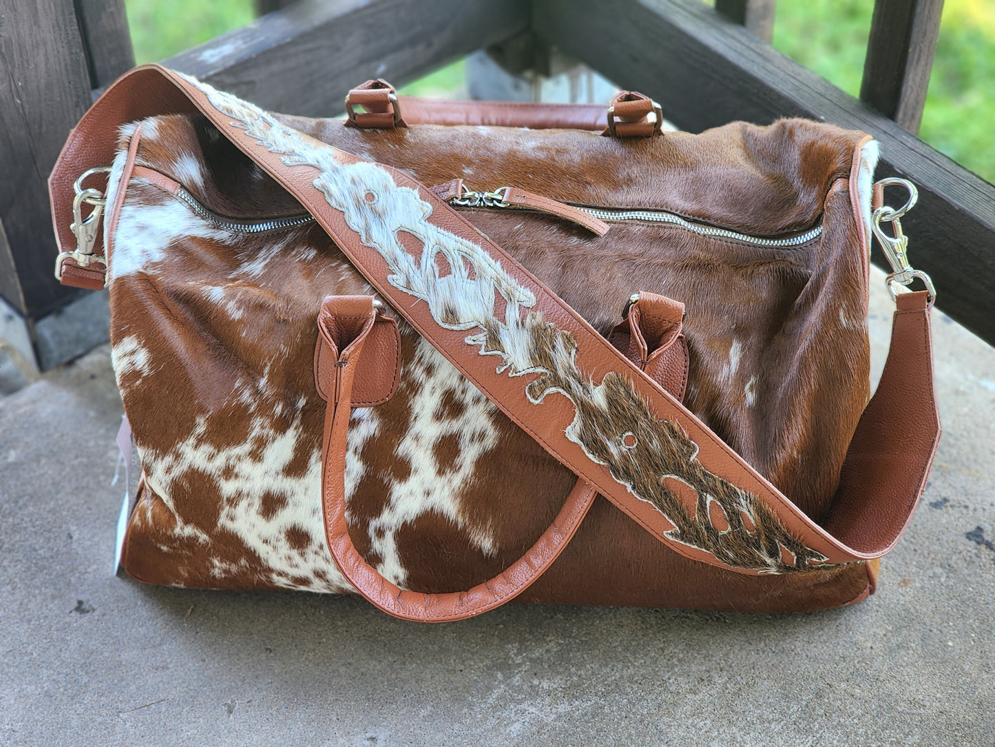 Classic Cowhide Duffle Bag (Brown & White)