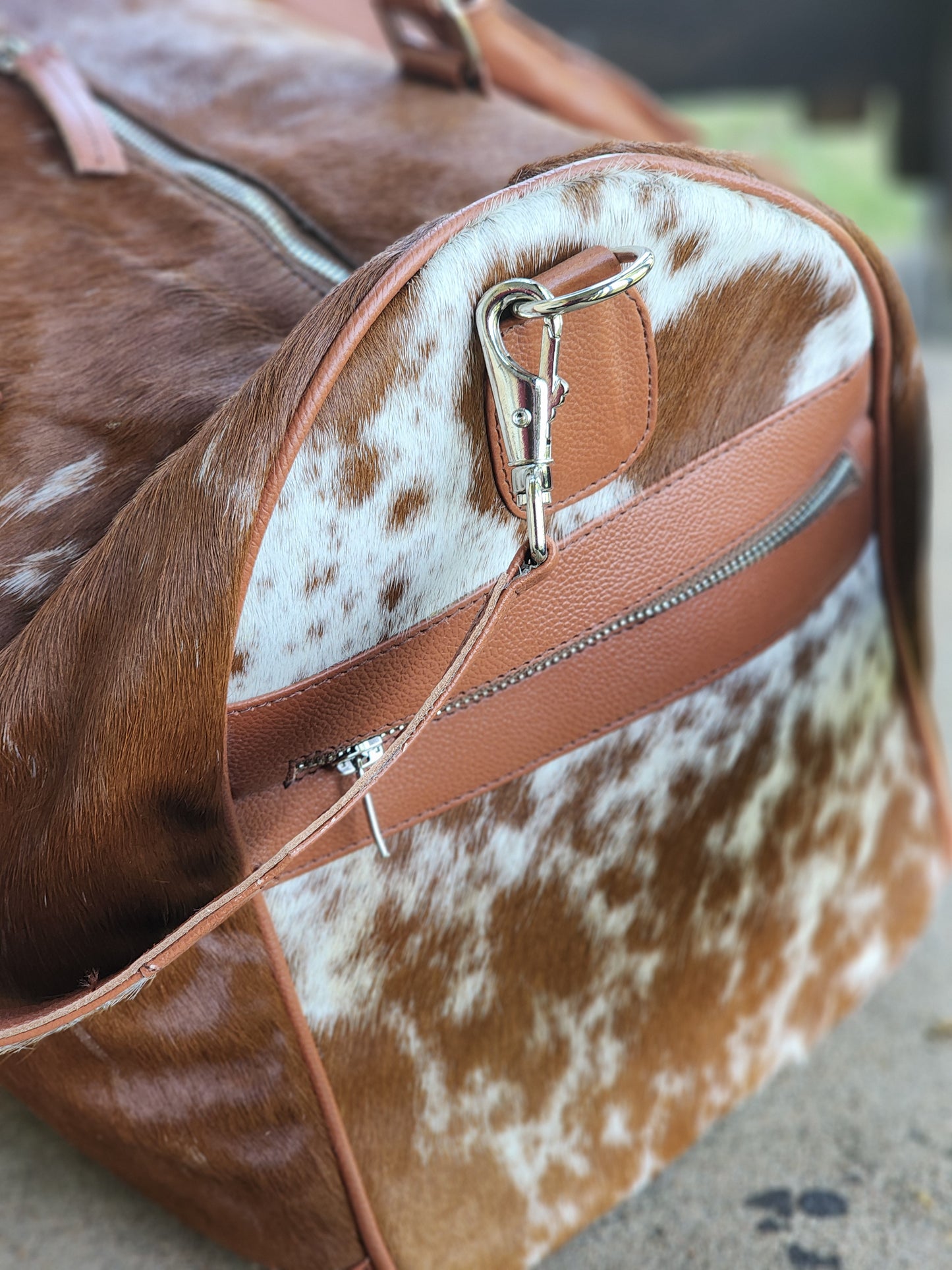 Classic Cowhide Duffle Bag (Brown & White)