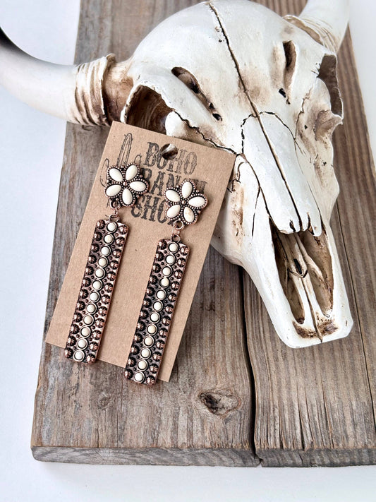 Western Stone Flower & Bar Post Drop Earrings