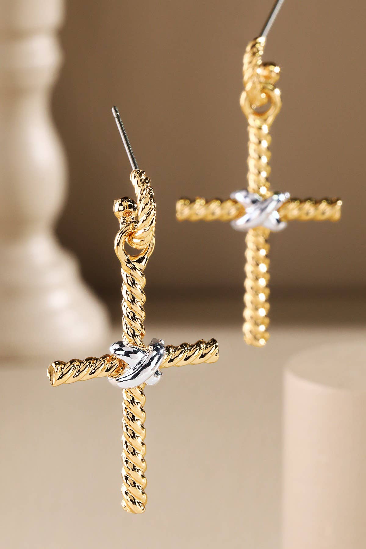 Two-Tone Rope Cross Charm Earrings
