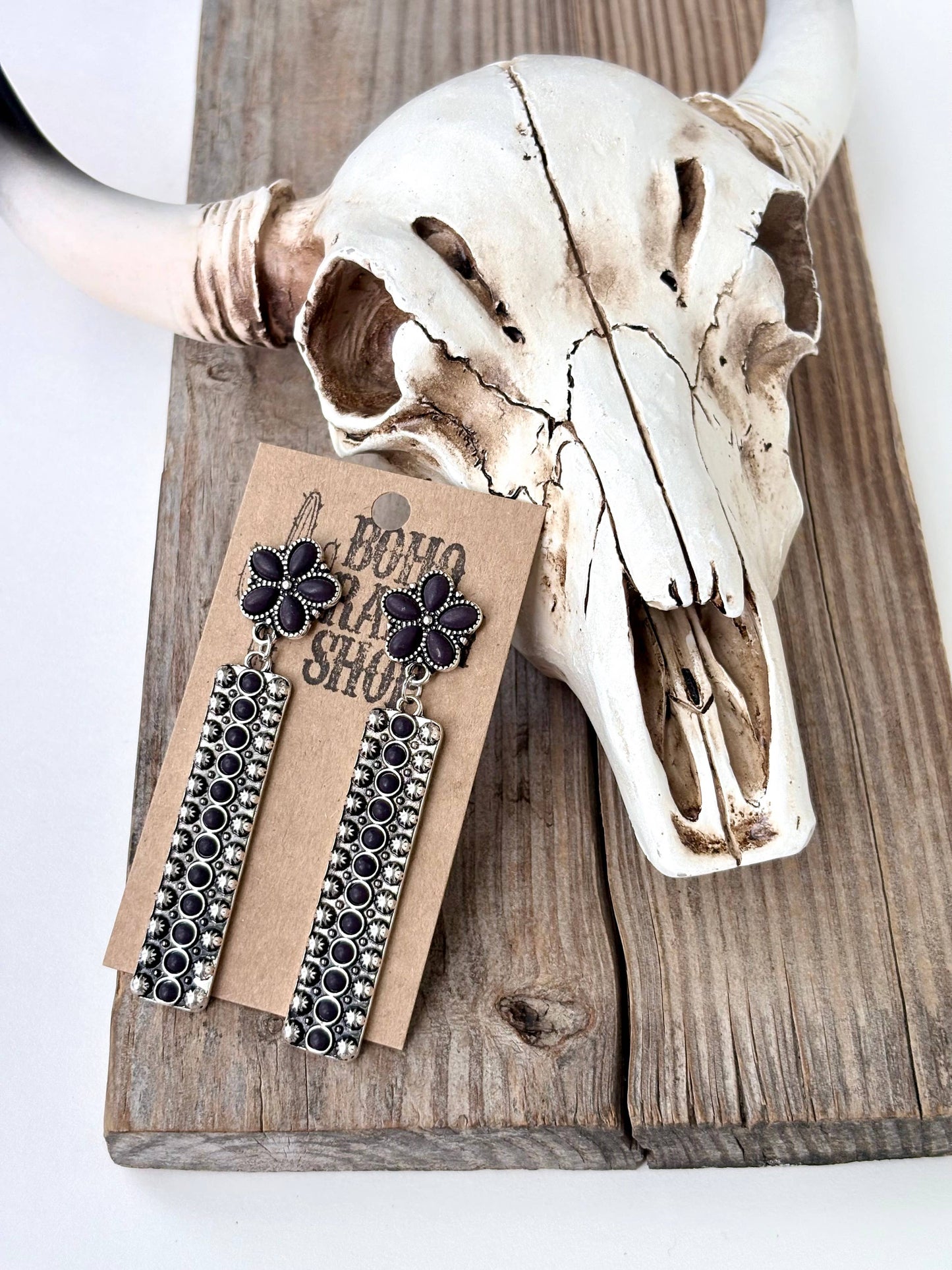 Western Turquoise Stone Flower & Bar Post Drop Earrings