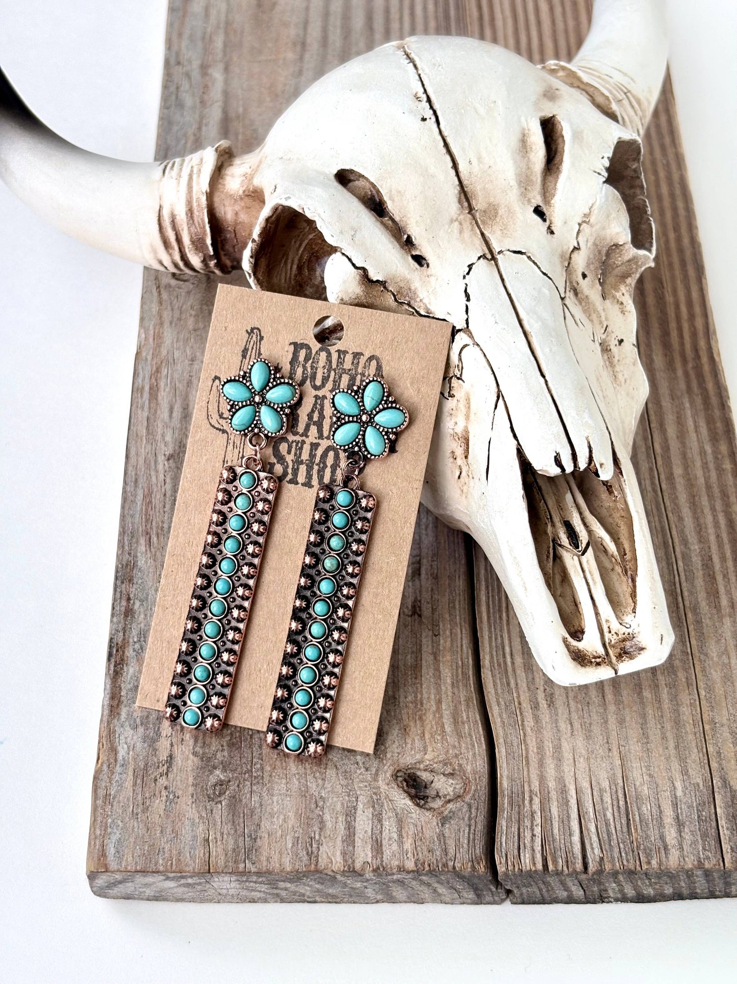 Western Turquoise Stone Flower & Bar Post Drop Earrings