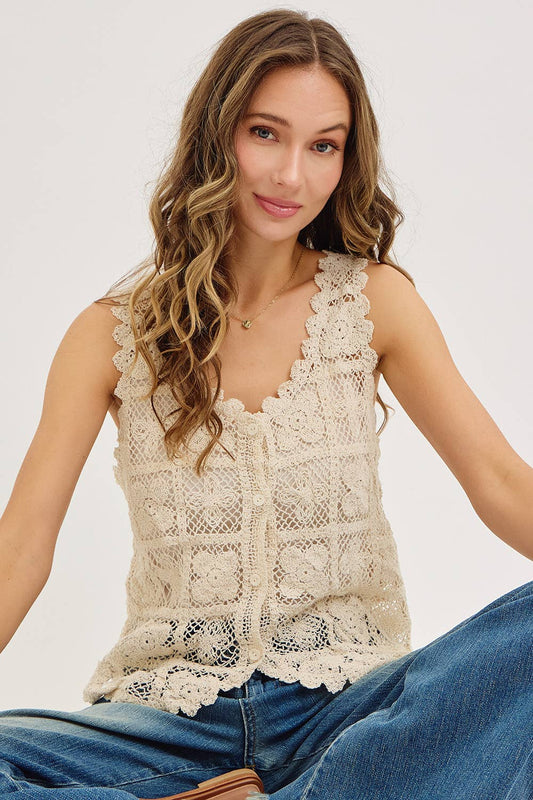 BOHEMIAN FEEL FLORAL PATTERN CROCHET LACE  TANK TOP