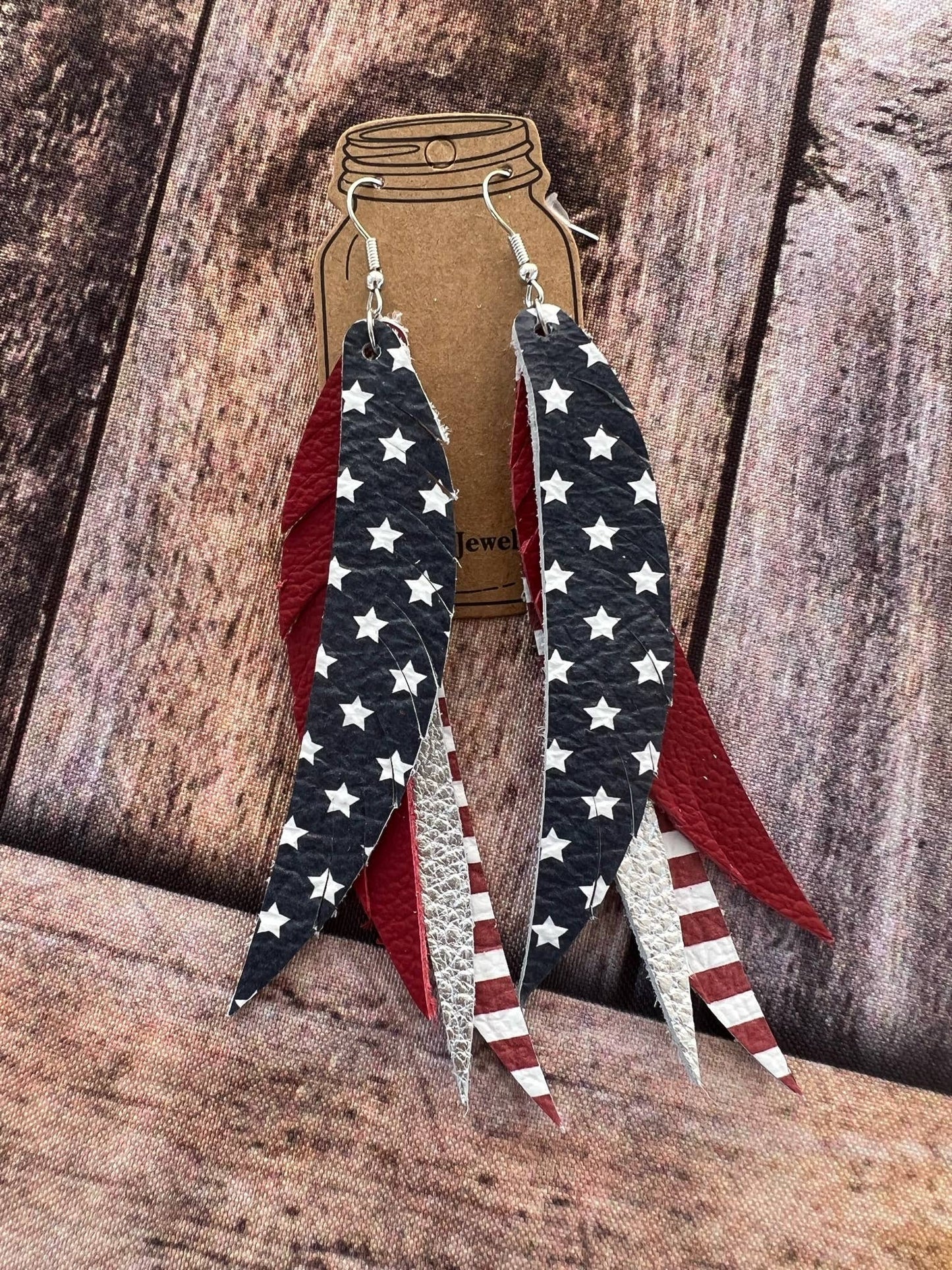 RED WHITE & BLUE USA STACKED FRINGE FEATHER EARRINGS