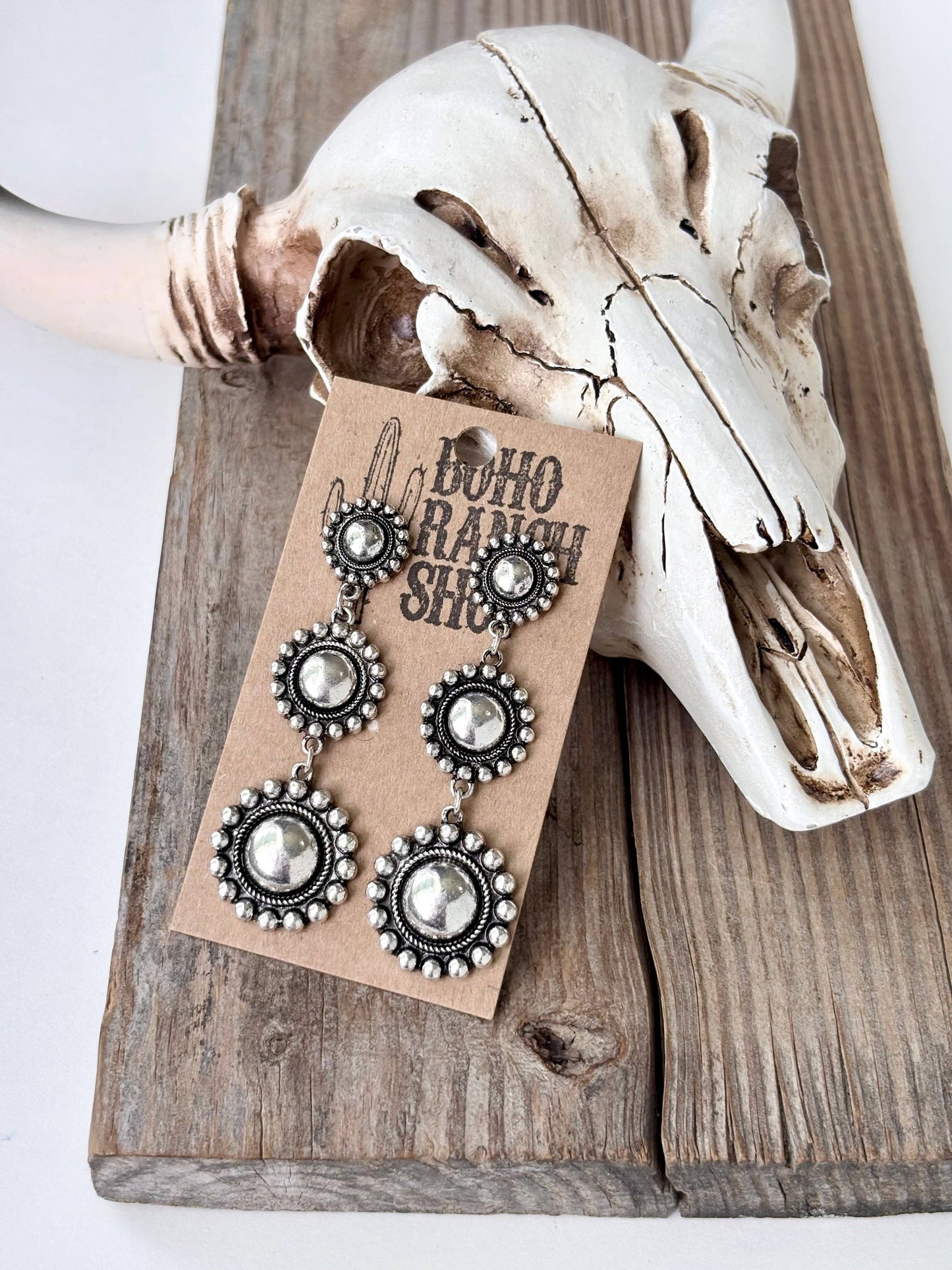 3 Tier Studded Heart, Round Concho Post Drop Earrings
