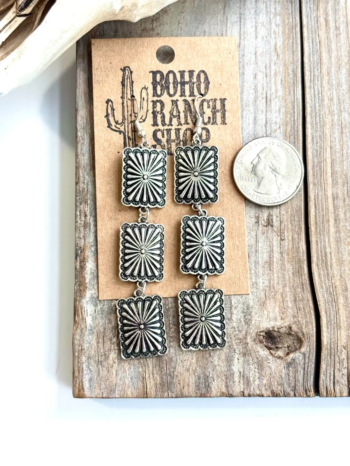 3 Tier Western Rectangle Concho Drop Dangle Earrings
