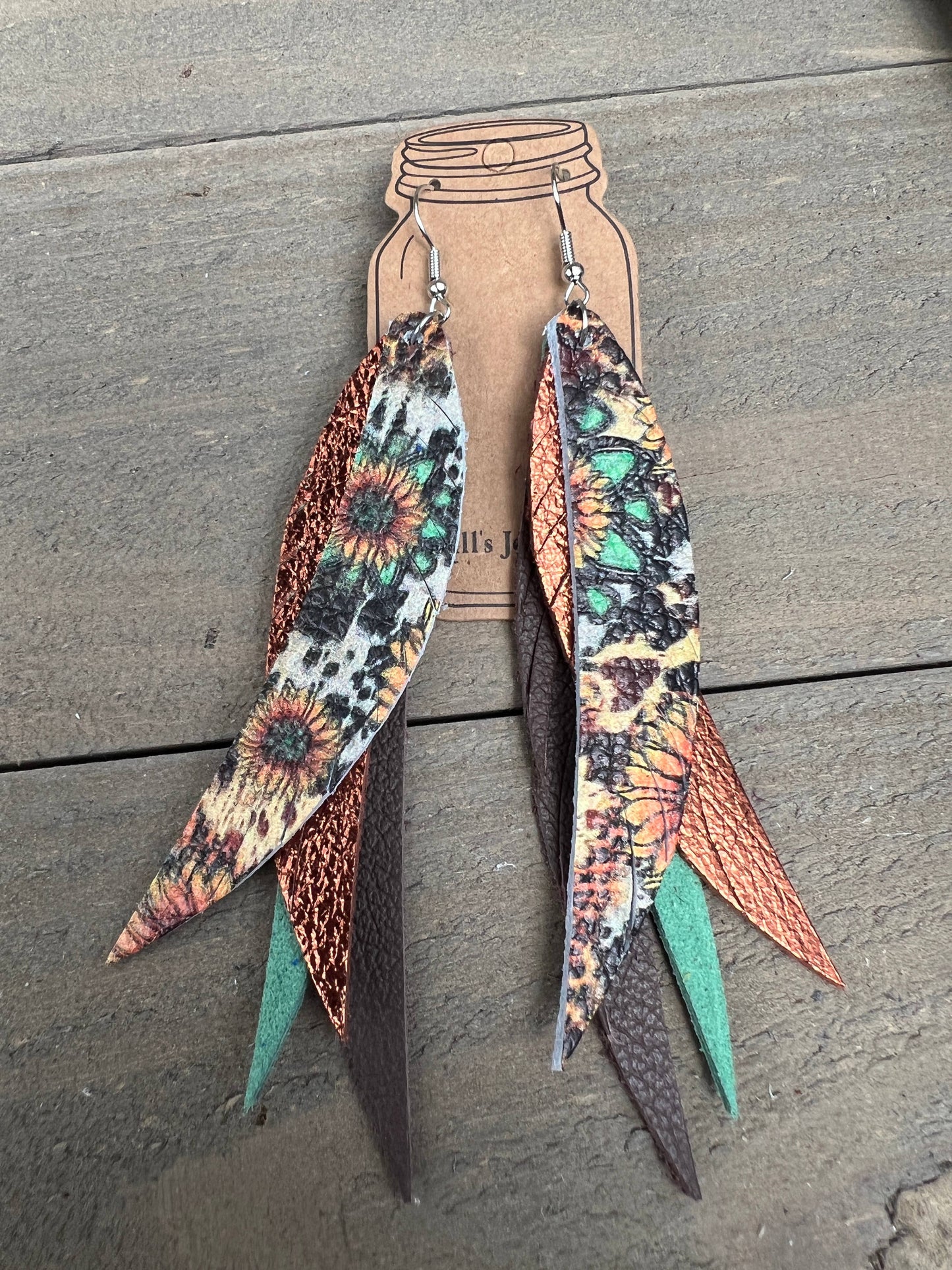 SUNFLOWER LEOPARD WESTERN  STACKED FRINGE FEATHER EARRINGS