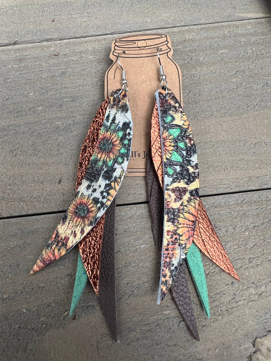 SUNFLOWER LEOPARD WESTERN  STACKED FRINGE FEATHER EARRINGS